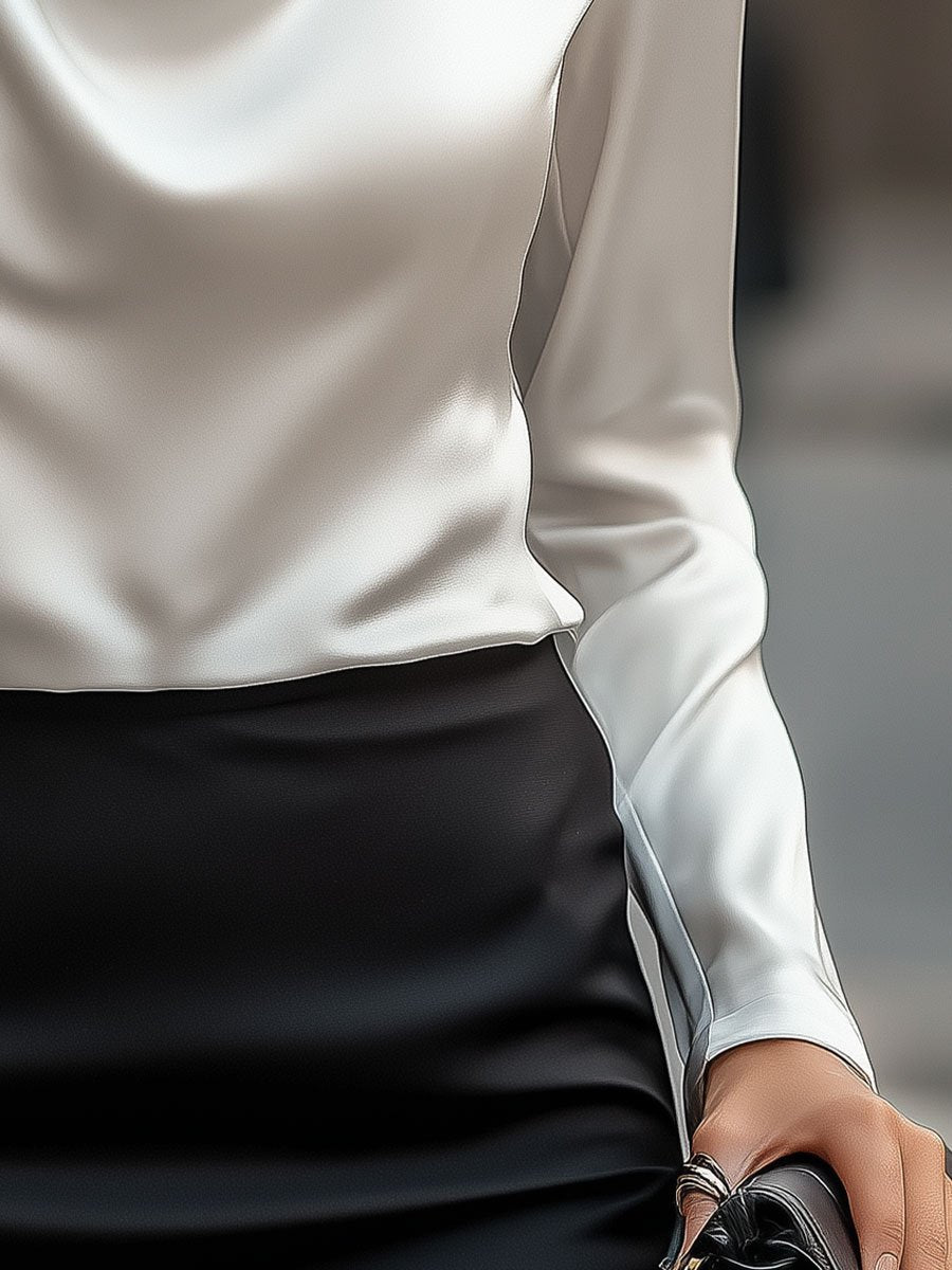 Chemisier en satin pour femme avec encolure drapée – Haut élégant à manches longues pour le travail et les soirées