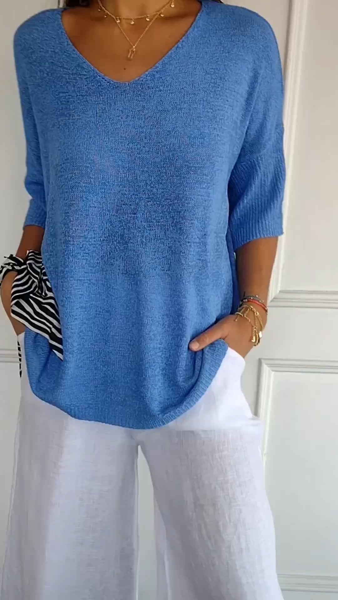 Top tricoté ample à col en V pour femmes - Spécial automne