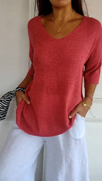 Top tricoté ample à col en V pour femmes - Spécial automne