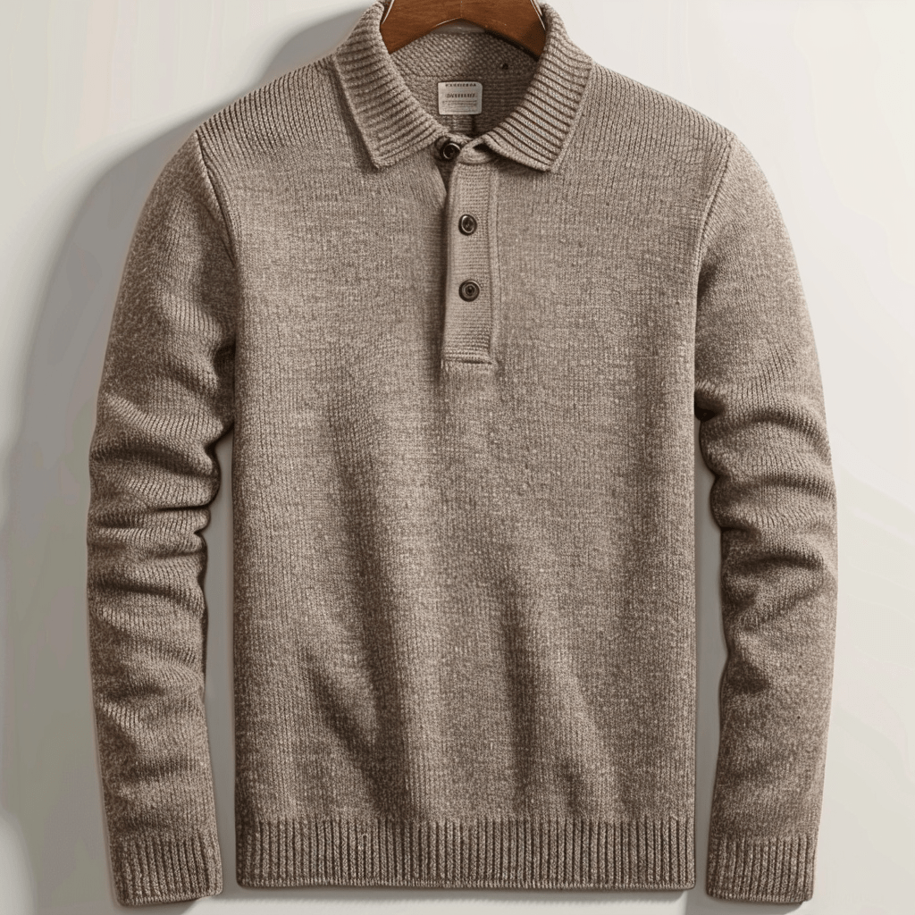 Pull en laine beige pour homme avec col polo et boutons, suspendu sur un cintre en bois. Mode masculine élégante, vêtement d'hiver chaud.