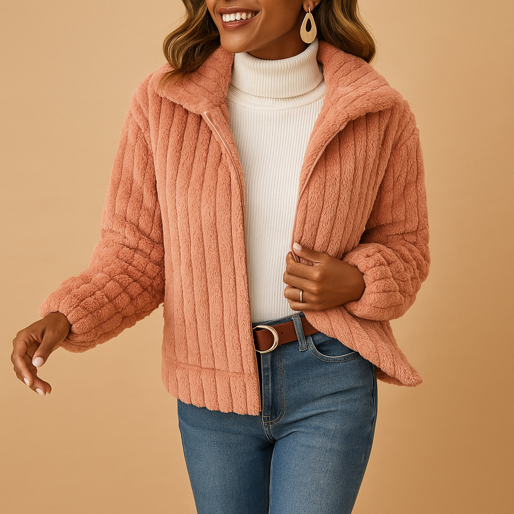 Femme souriante portant une veste en fausse fourrure rose, pull blanc à col roulé, jeans bleu, fond beige. Mode automne-hiver, style élégant.