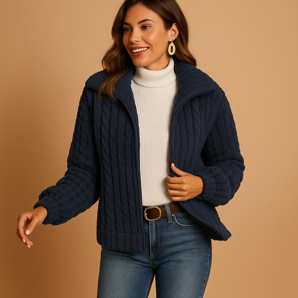 Femme souriante portant un pull bleu marine texturé, col roulé blanc, jeans ajusté et boucle d'oreille dorée, sur fond beige. Mode automne-hiver.