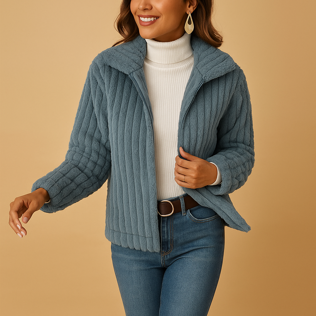 Femme souriante portant une veste en fausse fourrure bleue, col roulé blanc et jeans, posant sur fond beige. Mode automne-hiver, style décontracté.