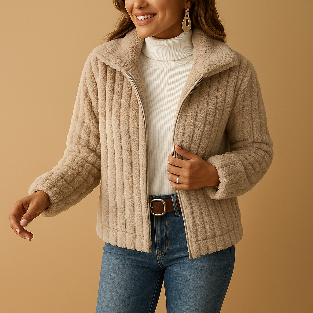 Femme portant une veste en fausse fourrure beige, col montant, sur un pull blanc à col roulé, posant sur fond beige. Mode automne-hiver élégante.
