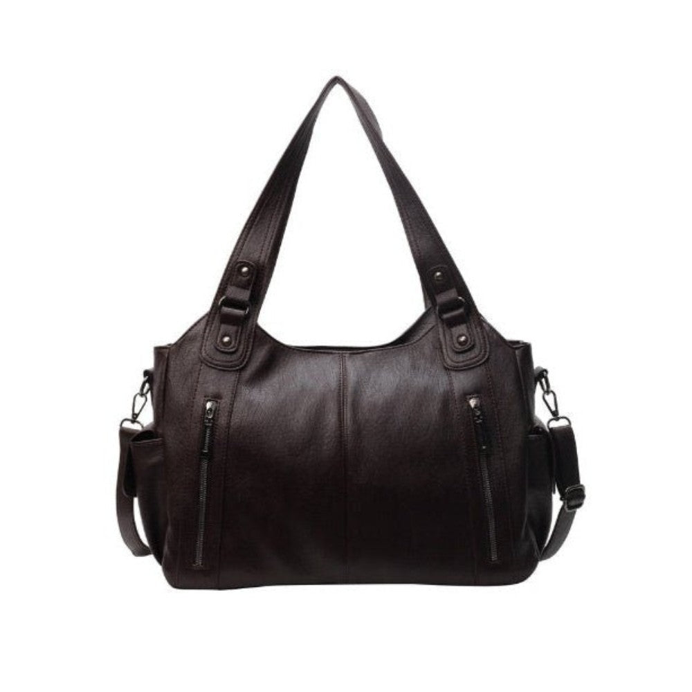 Sac à main en cuir noir élégant avec bandoulière réglable, poches zippées, design moderne. Accessoire mode femme, tendance et pratique.