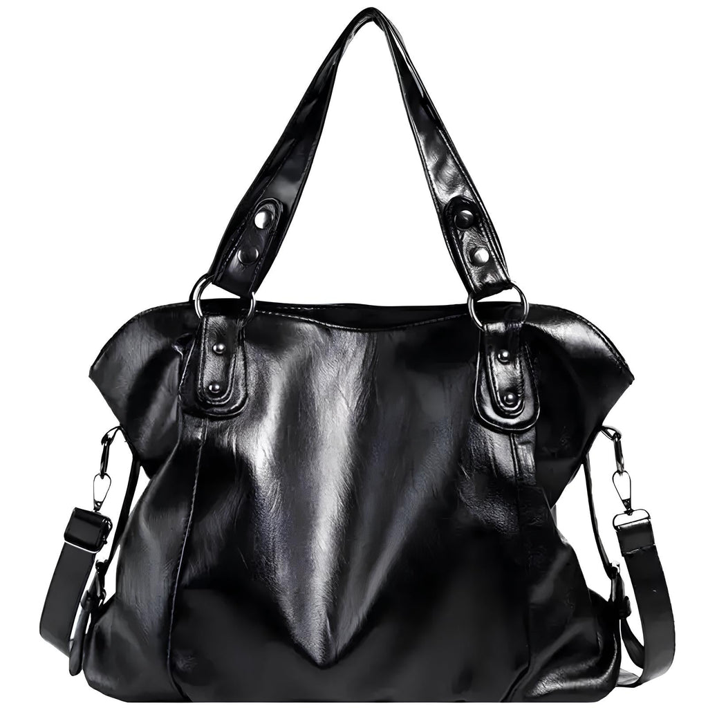 Sac à main en cuir noir brillant avec anses robustes et bandoulière amovible, design élégant et moderne, idéal pour la mode féminine.