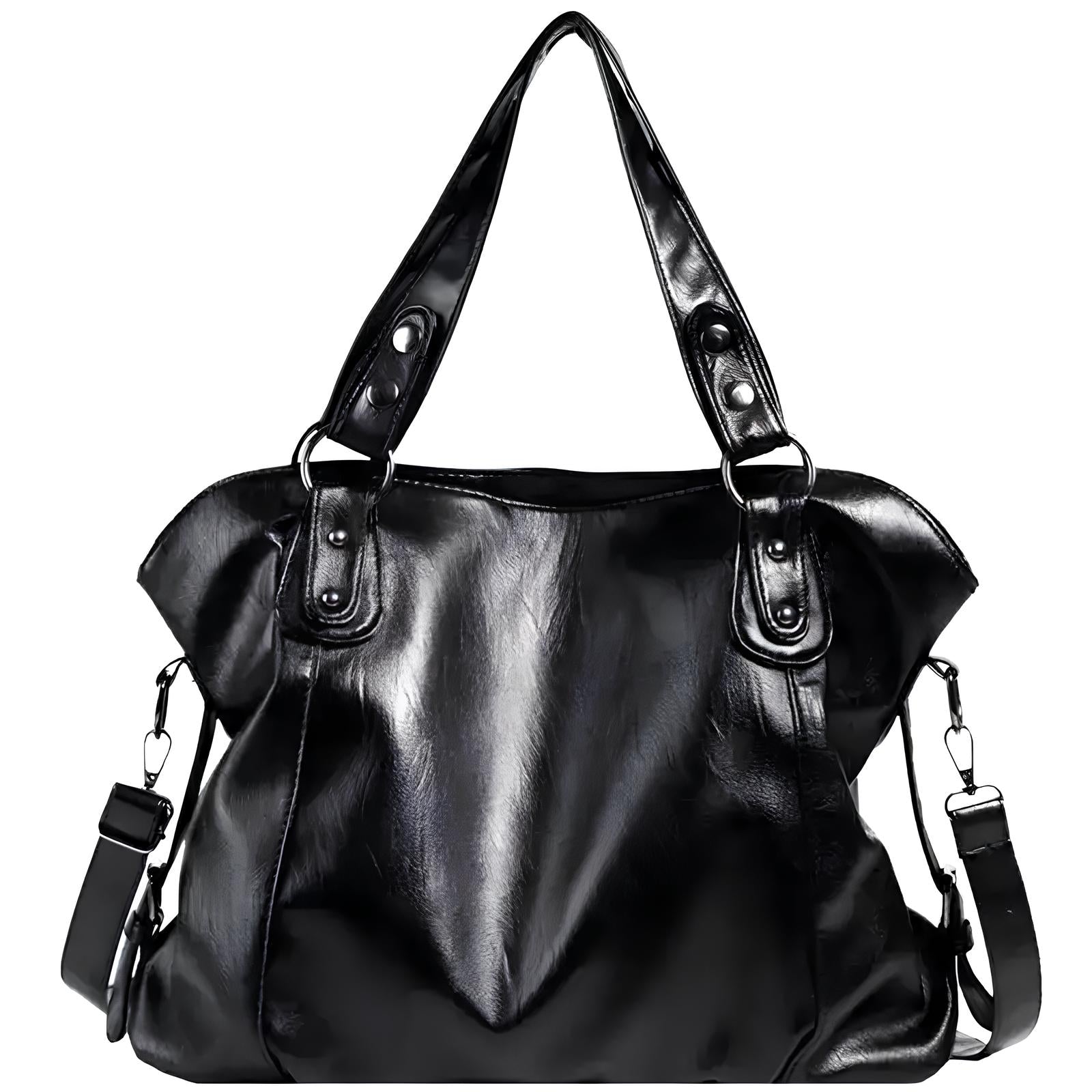 Sac à main en cuir noir brillant avec anses robustes et bandoulière amovible, design élégant et moderne, idéal pour la mode féminine.