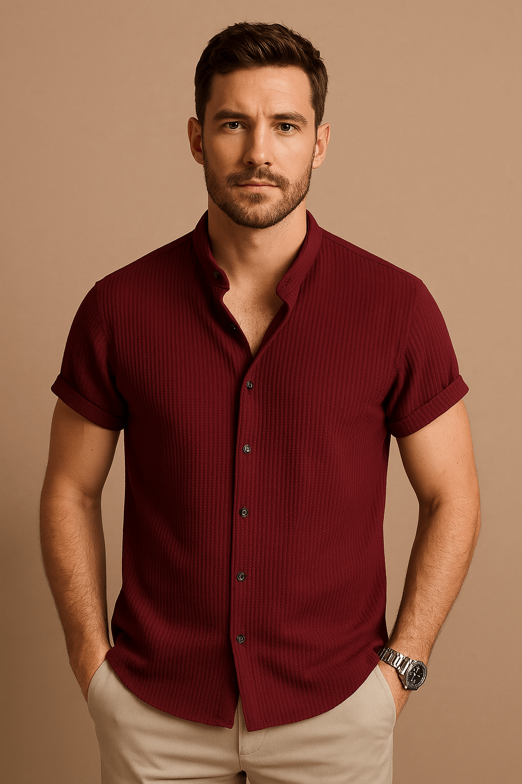 Homme portant une chemise bordeaux à manches courtes, posant devant un fond beige. Mode masculine élégante, style décontracté chic.