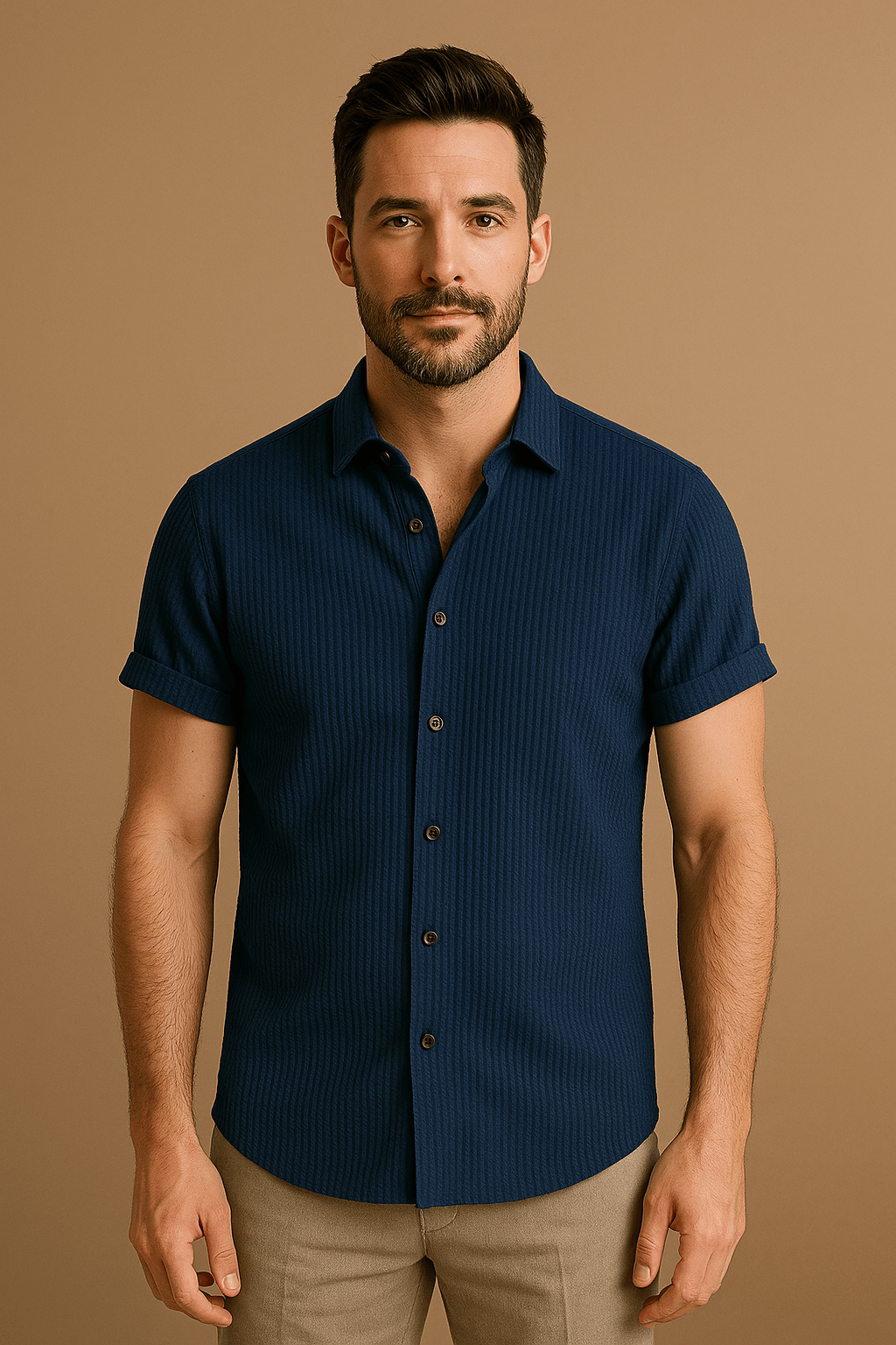 Homme portant une chemise bleue à manches courtes sur fond beige. Mode masculine élégante, style décontracté, chemise boutonnée tendance.