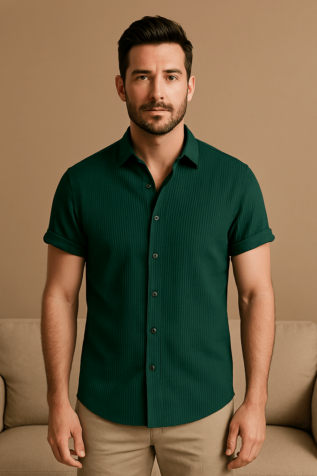 Homme portant une chemise verte à manches courtes, debout devant un fond beige. Mode masculine élégante, style décontracté chic.
