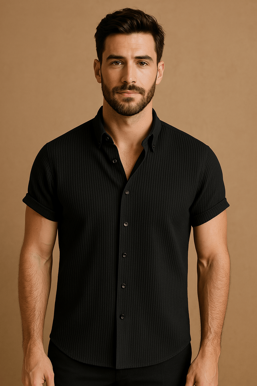 Homme portant une chemise noire à manches courtes, sur fond beige. Mode masculine élégante, style décontracté chic, chemise boutonnée.