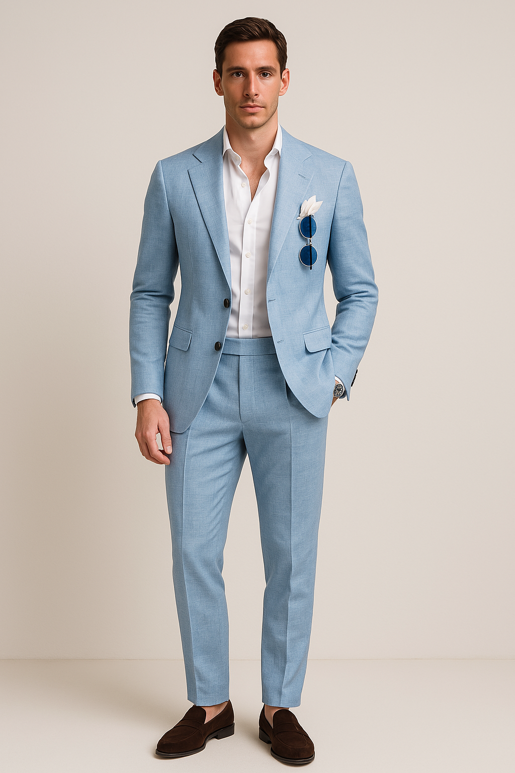 Homme en costume bleu clair élégant, chemise blanche, lunettes de soleil dans la poche, chaussures marron, pose debout. Mode masculine chic.