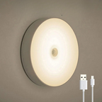 Lampe murale LED ronde avec capteur de mouvement, lumière blanche chaude, câble USB inclus, éclairage intérieur moderne, économie d'énergie.