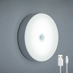 Lampe murale LED ronde avec capteur de mouvement, lumière blanche, design moderne, recharge USB incluse, éclairage intérieur écoénergétique.