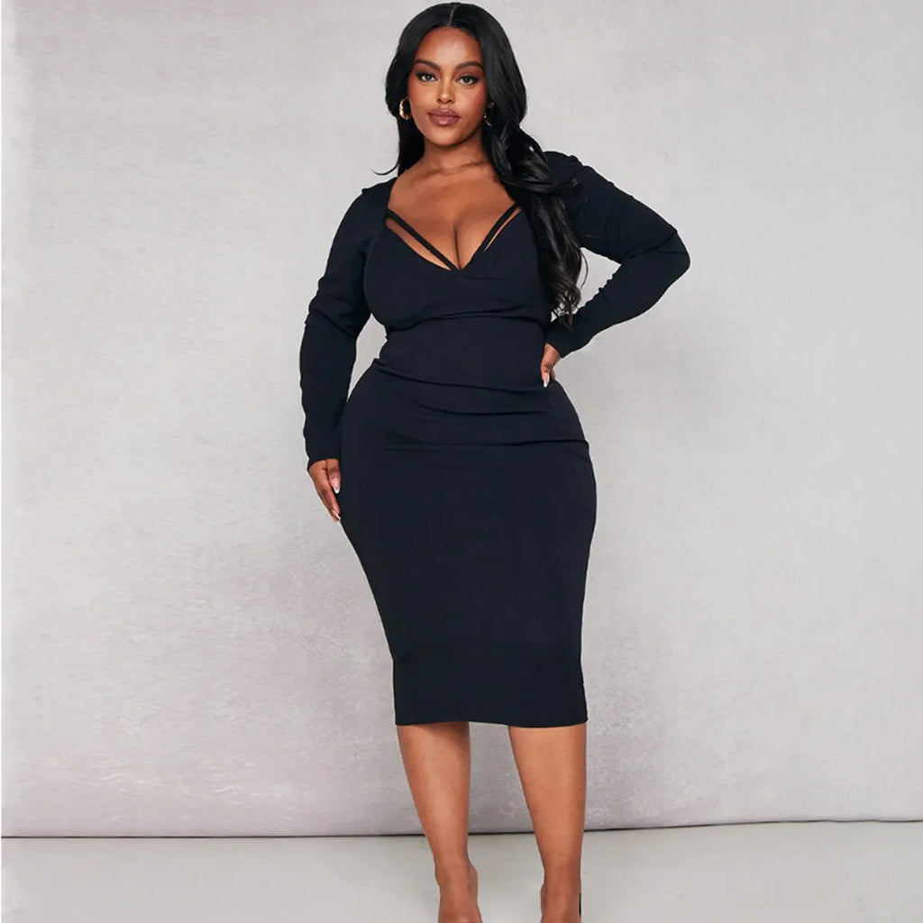 Robe mi-longue à manches longues col en V - Chic&Shines