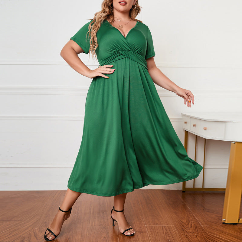 Robe longue fluide col V manches courtes