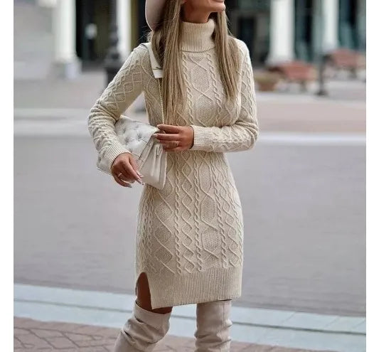 Robe courte automne tricotée col roulé manches longues - Chic&Shines