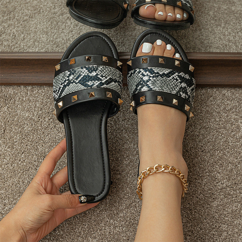 Sandales Plates A Rivet simili cuir Imprimé Serpent