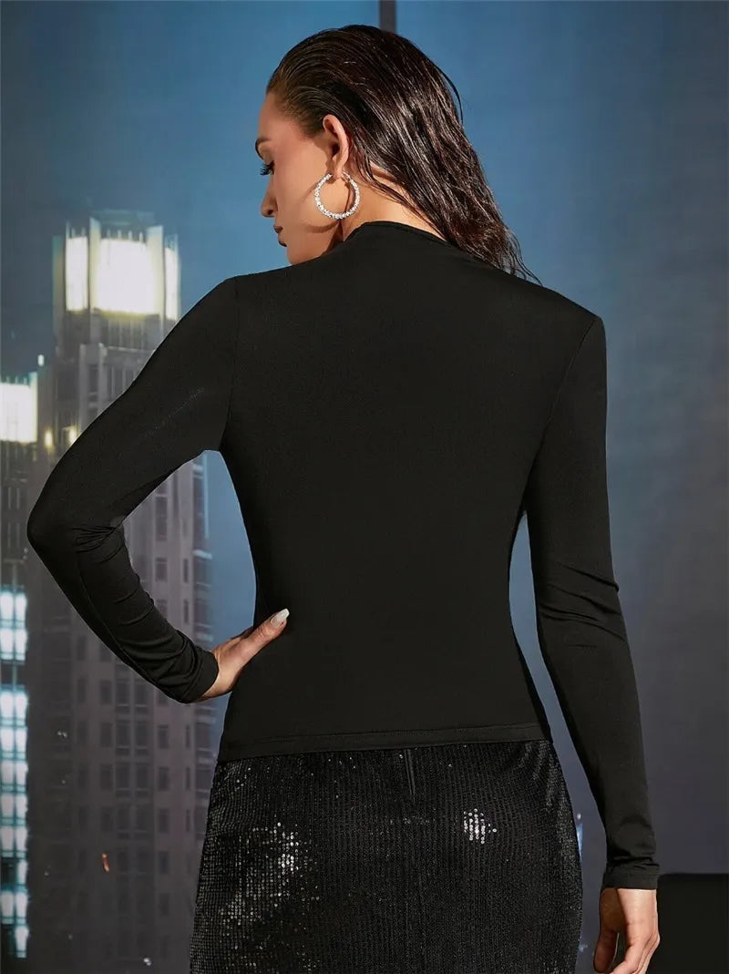 Asymmetric collar long-sleeved top