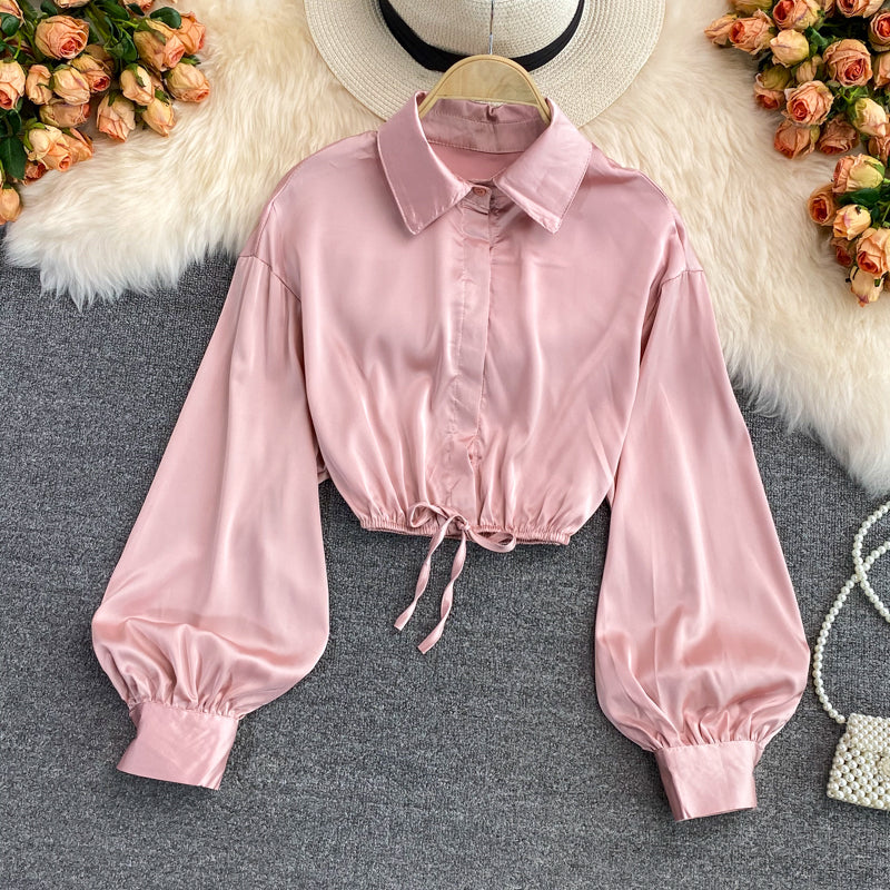 Chemise court en satin manches longues bouffantes - Chic&Shines