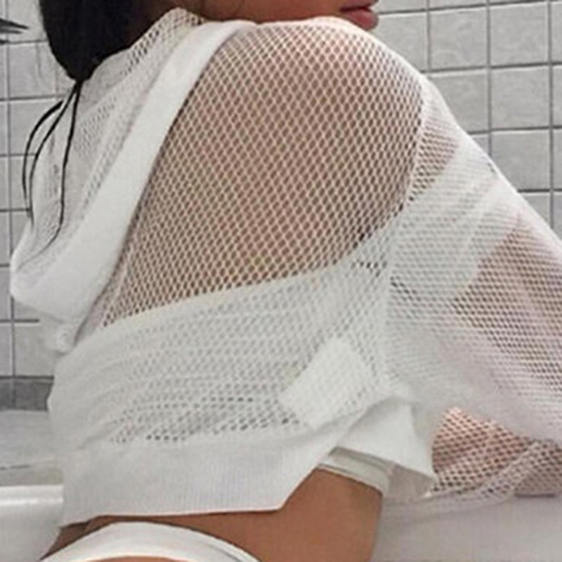 Long-sleeve mesh cropped hoodie