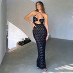 Robe longue licou en maille transparente motif fleur - Chic&Shines