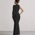 One-shoulder long-sleeved bodycon maxi dress