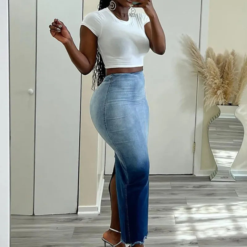 Jupe Jeans  Longue Fendue Dégradée Taille Haute