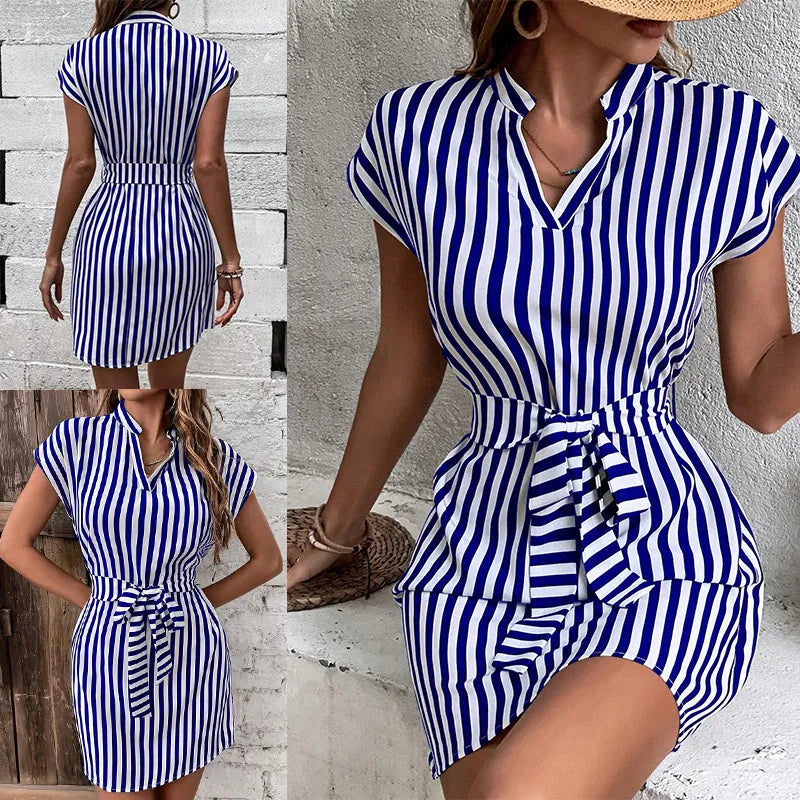 Robe Col V Sans Manches À Rayures Et À Lacets - Chic&Shines