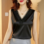Chemisier Sans Manches Col En V En Satin Et Dentelle - Chic&Shines