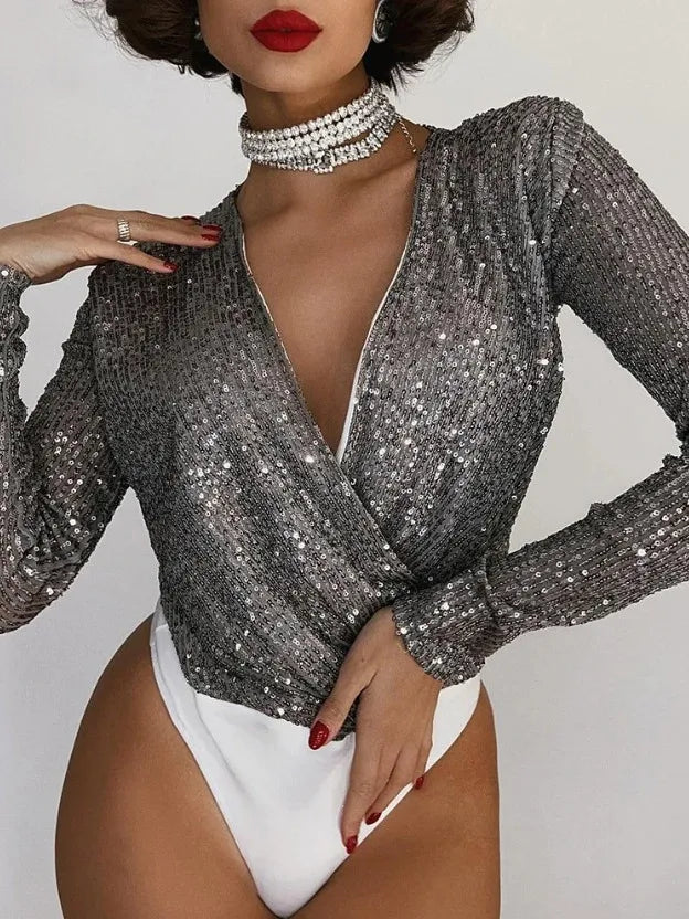 Body à manches longues et col en V à sequins - Chic&Shines