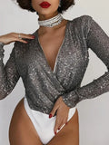 Body à manches longues et col en V à sequins - Chic&Shines