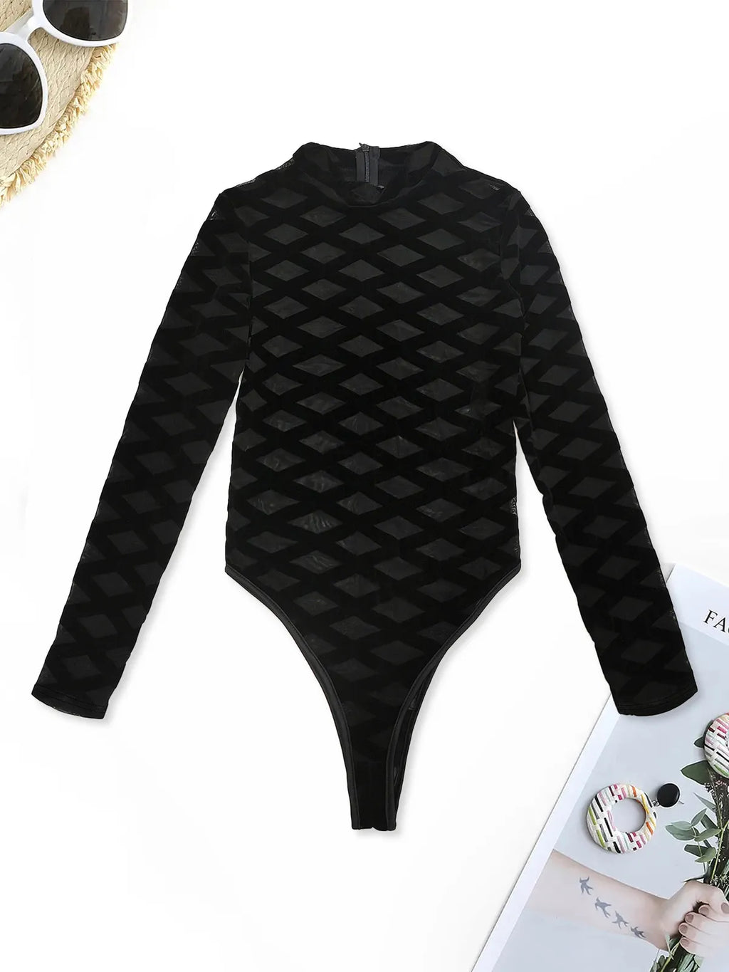 Bodys manches longues en maille transparent