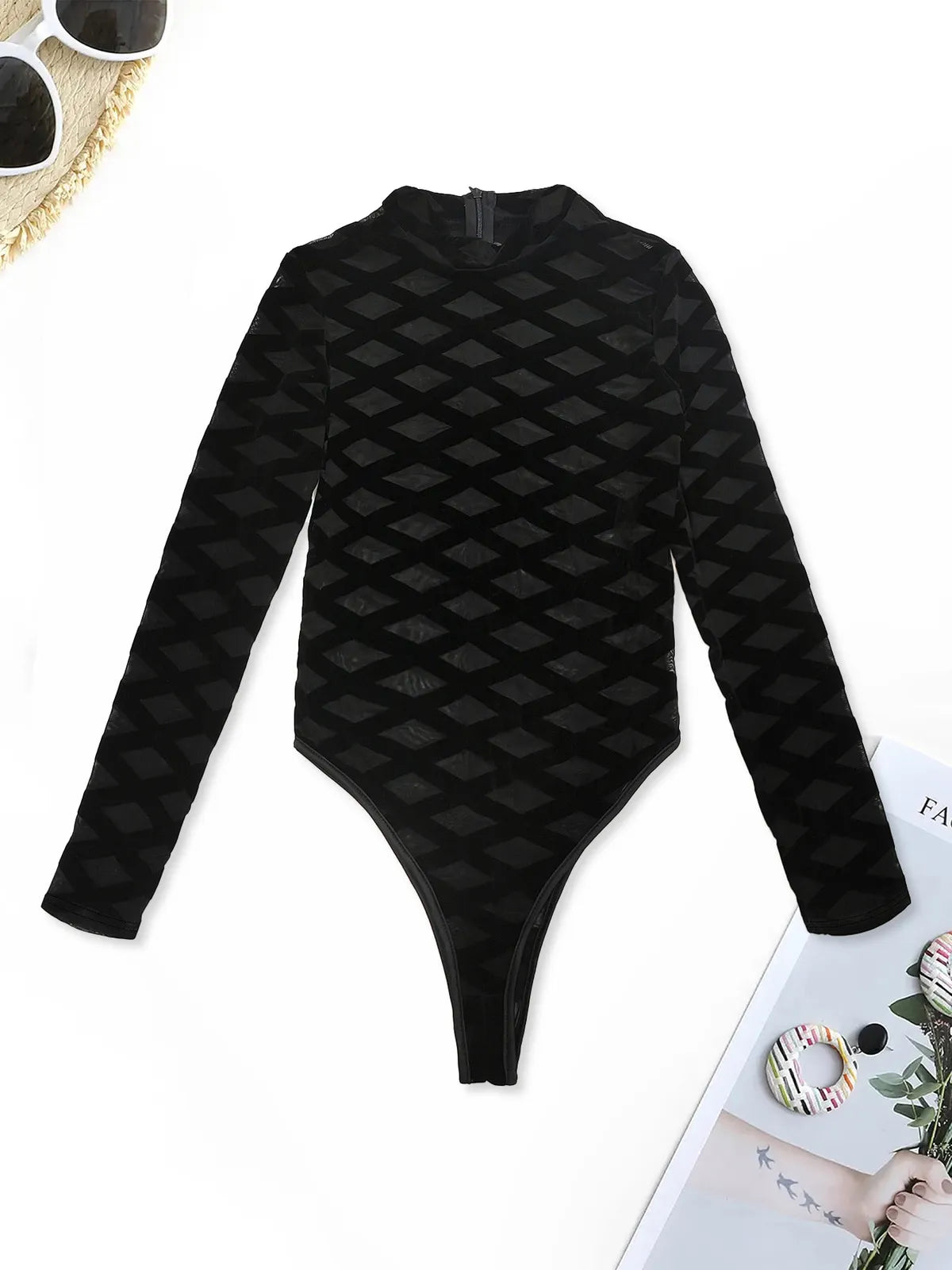 Bodys manches longues en maille transparent