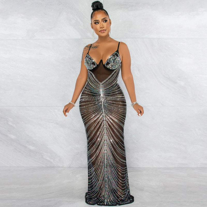 Robe longue col V fine bretelles en maille transparente de soirée nuptiale pailletées - Chic&Shines