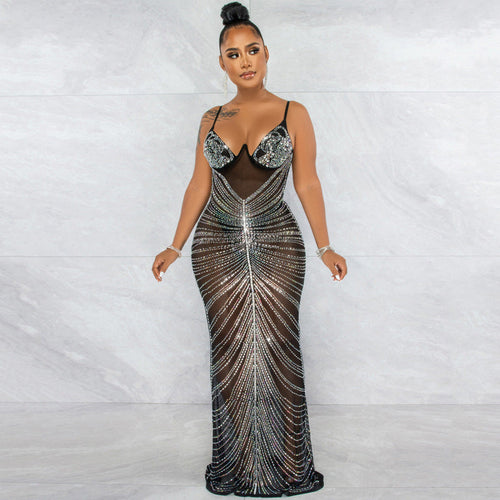 Robe longue col V fine bretelles en maille transparente de soirée nuptiale pailletées - Chic&Shines
