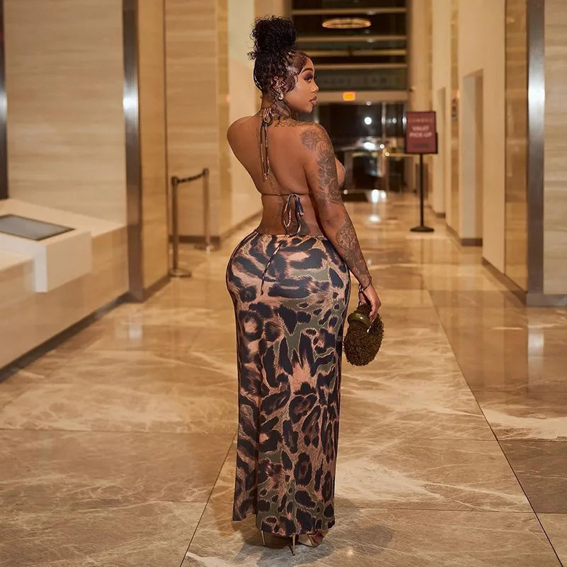 Halter neck lace-up backless maxi dress