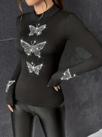 Haut moulant manche longue imprimé papillon strass