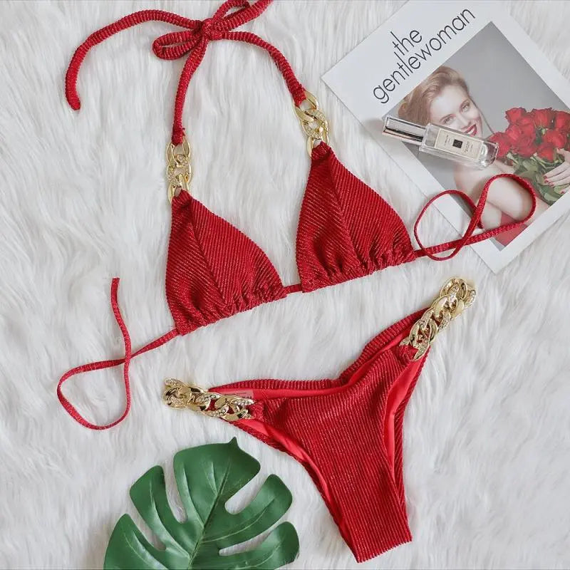 Maillot De Bain Bikini Couture En Chaîne En Strass - Chic&Shines