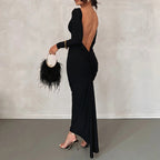 Robe longue de soirée dos nu manches longues taille haute