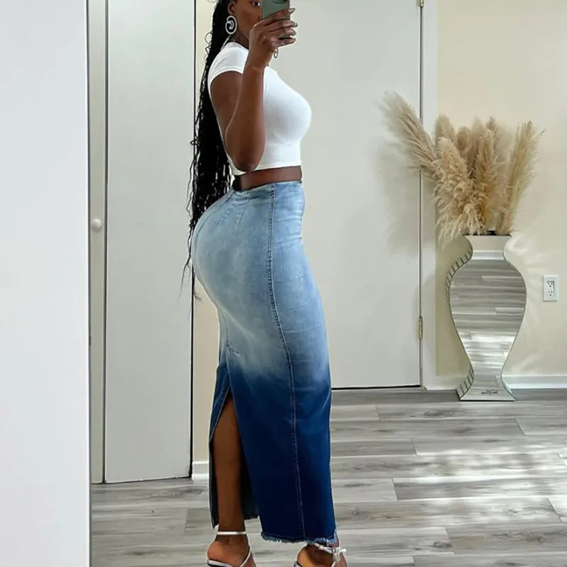 Jupe Jeans  Longue Fendue Dégradée Taille Haute