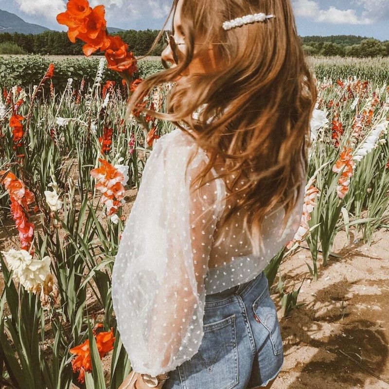 Chemisier manches longues bouffantes maille transparente