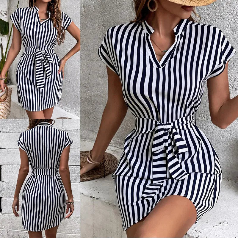 Robe Col V Sans Manches À Rayures Et À Lacets - Chic&Shines