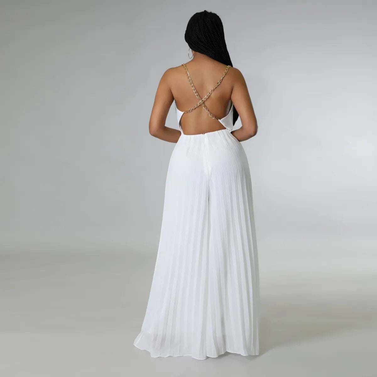 Halterneck chain strap wide leg pleated jumpsuit