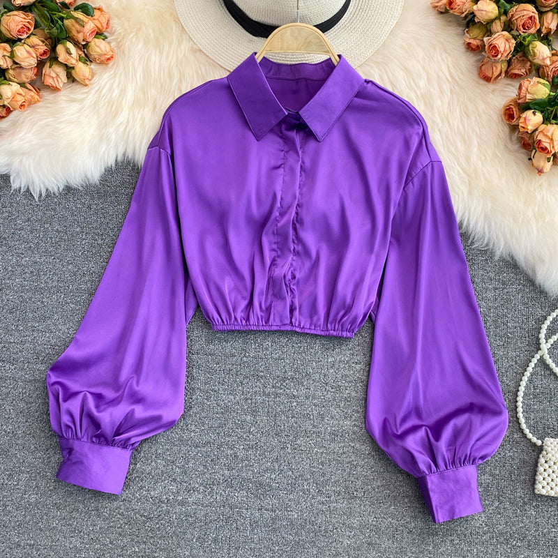 Chemise court en satin manches longues bouffantes - Chic&Shines