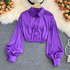 Chemise court en satin manches longues bouffantes - Chic&Shines