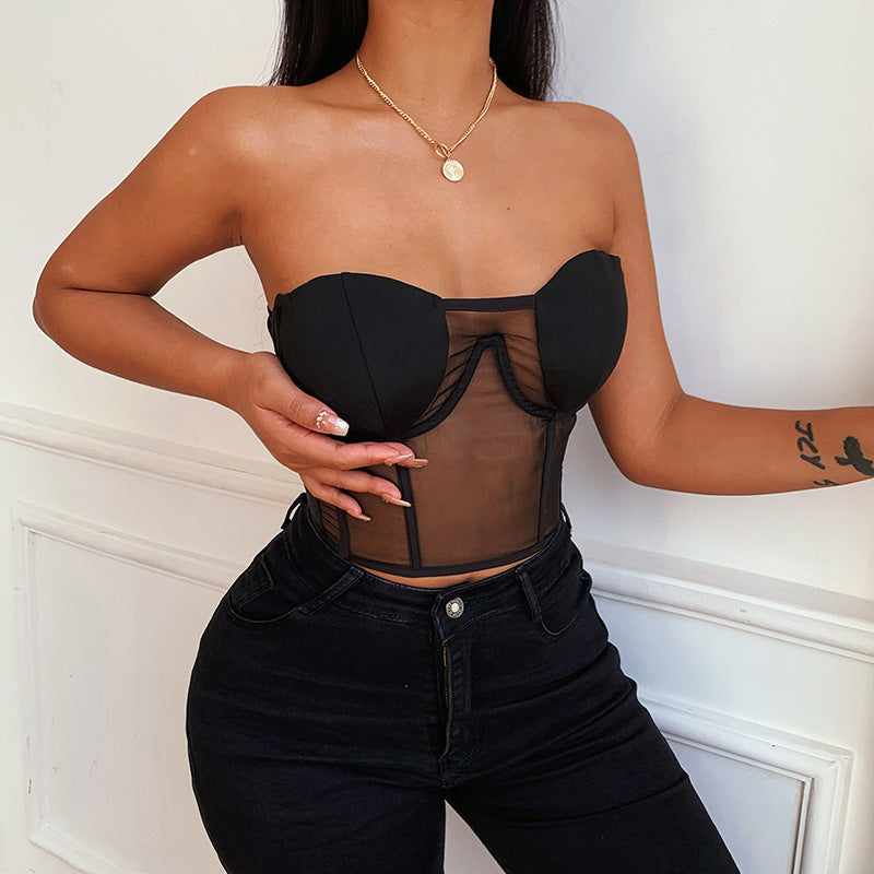 Haut corset maille transparent dos lacet sexy