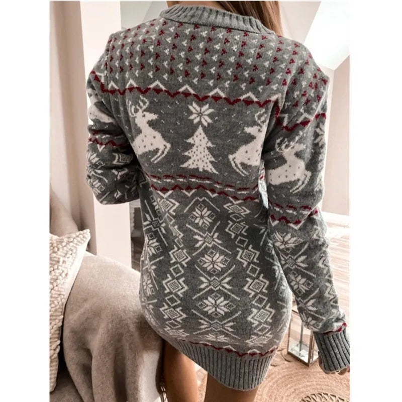 Robe Courte Tricotée À Manches Longues En Jacquard