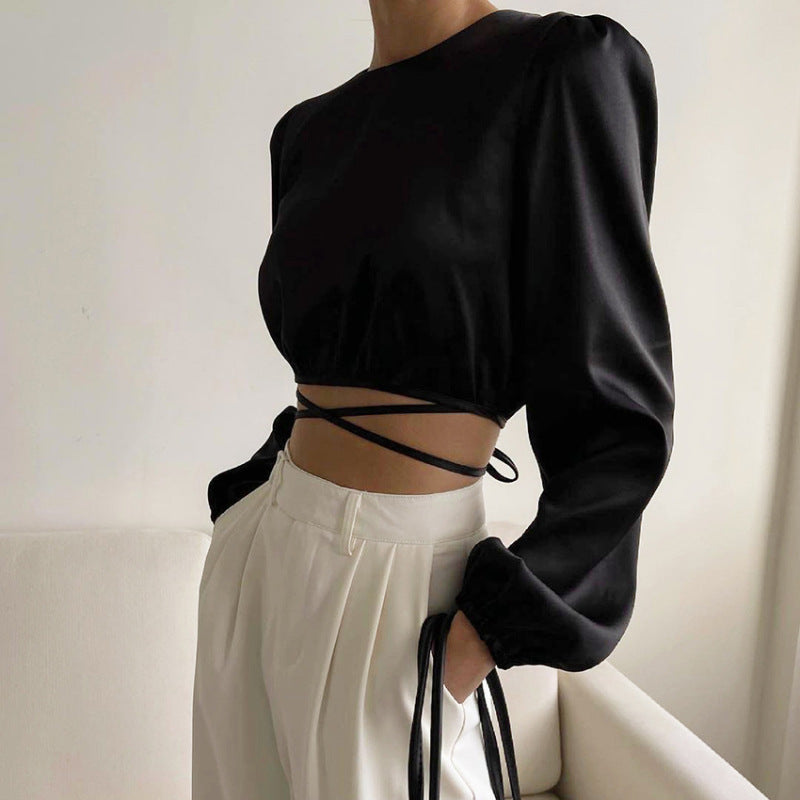 Haut satin col rond manches longues lanterne dos croisé - Chic&Shines