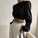 Haut satin col rond manches longues lanterne dos croisé - Chic&Shines